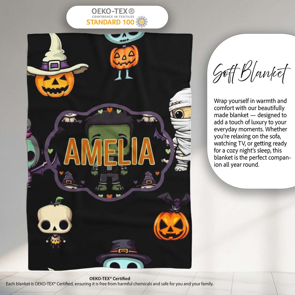 Cute Halloween Characters Pumpkin Skull Mummy Seamless Pattern White  Personalised Custom Name Super Soft Fleece Blanket Bed Sofa Throw