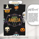Cute Halloween Characters Pumpkin Skull Mummy Seamless Pattern White  Personalised Custom Name Super Soft Fleece Blanket Bed Sofa Throw