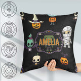 Custom Name Halloween Pumpkin Skull Mummy Seamless Pattern White Square Filled Cushion Throw Pillow Sofa Bed Home Decor Zip Washable UK Made