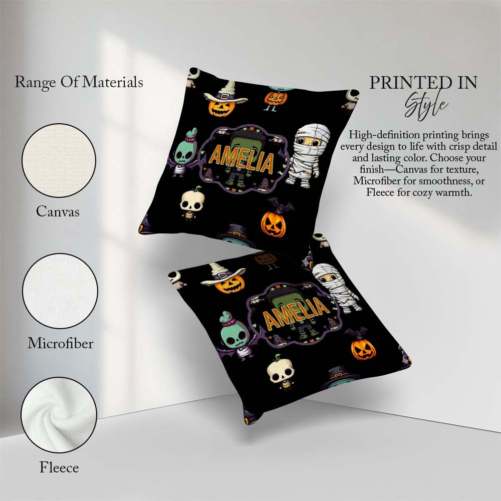 Custom Name Halloween Pumpkin Skull Mummy Seamless Pattern White Square Filled Cushion Throw Pillow Sofa Bed Home Decor Zip Washable UK Made