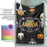 Cute Halloween Characters Pumpkin Skull Mummy Seamless Pattern White  Personalised Custom Name Super Soft Fleece Blanket Bed Sofa Throw