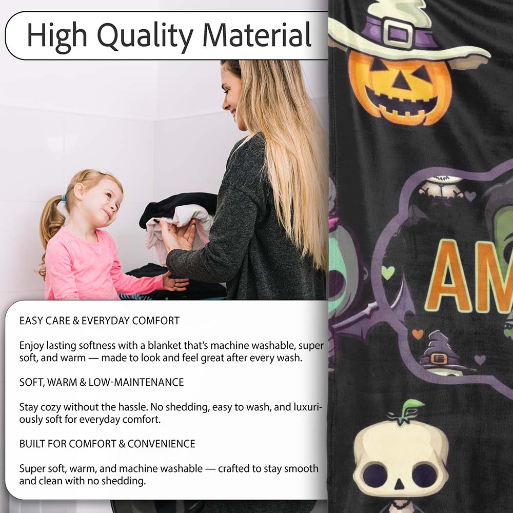 Cute Halloween Characters Pumpkin Skull Mummy Seamless Pattern White  Personalised Custom Name Super Soft Fleece Blanket Bed Sofa Throw