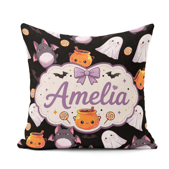 Custom Name Cute Halloween Ghost Bat Candy Pumpkin Pattern White Square Filled Cushion Throw Pillow Sofa Bed Home Decor Zip Washable UK Made