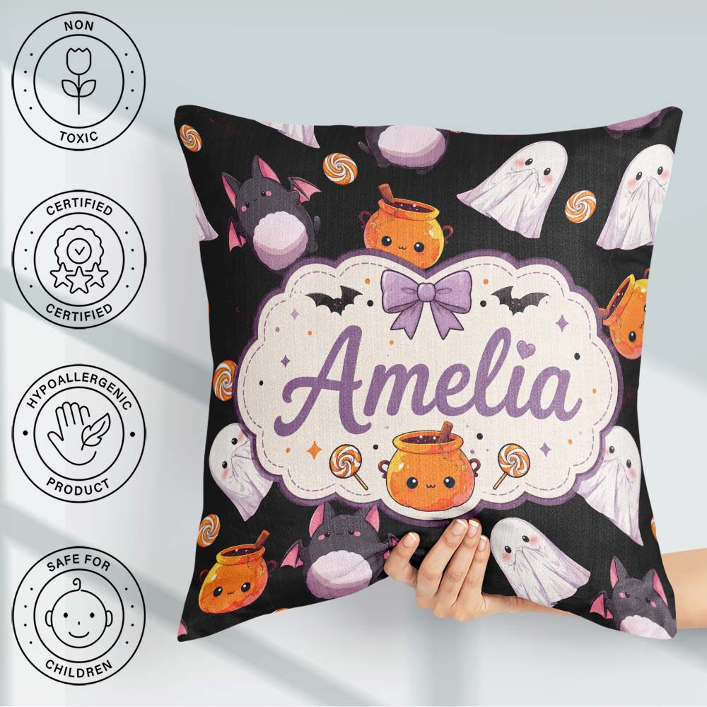 Custom Name Cute Halloween Ghost Bat Candy Pumpkin Pattern White Square Filled Cushion Throw Pillow Sofa Bed Home Decor Zip Washable UK Made