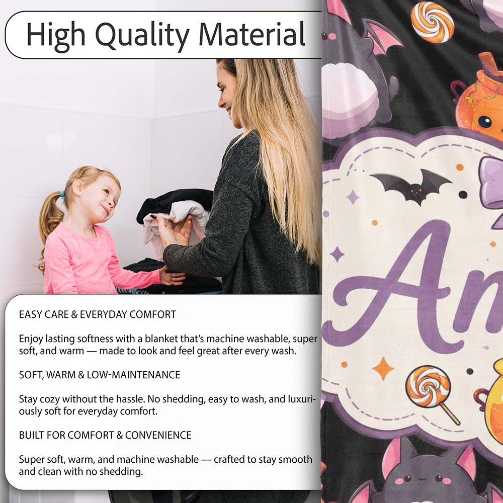 Cute Halloween Ghost Bat Candy Pumpkin Seamless Pattern White Lovely  Personalised Custom Name Super Soft Fleece Blanket Bed Sofa Throw