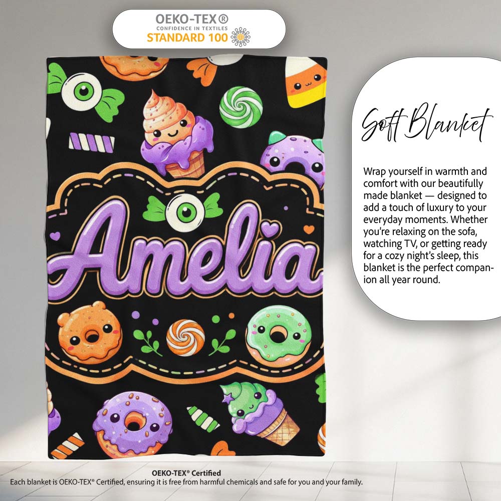 Cute Halloween Candy Donuts Ice Cream Kawaii Pattern Light Grey  Personalised Custom Name Super Soft Fleece Blanket Bed Sofa Throw