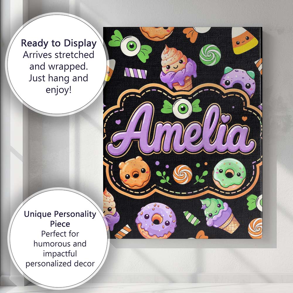 Personalised Name Cute Halloween Candy Custom  Modern Room Accent Elegant Feature Canvas Wall Art Print Decor Picture Ready to Hang