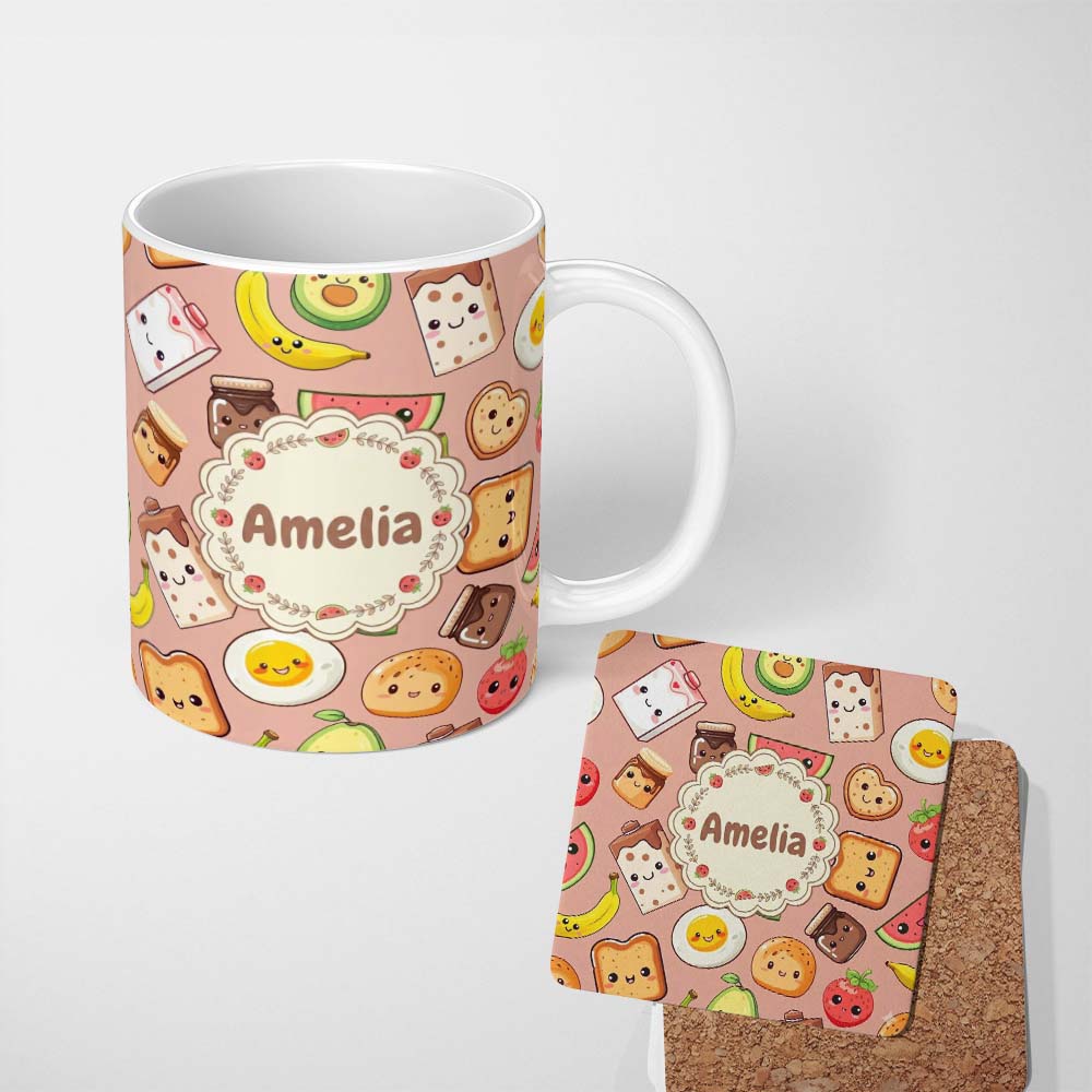 Personalized Custom Name Cute Kawaii Breakfast Food Seamless Pattern Beige Background Fun 11oz Ceramic Coffee Tea Mug White Large Handle