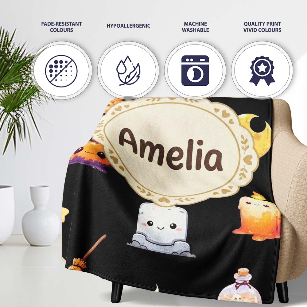 Cute Witch Pumpkin Spider Candle Moon Halloween Pattern Light Grey  Personalised Custom Name Super Soft Fleece Blanket Bed Sofa Throw