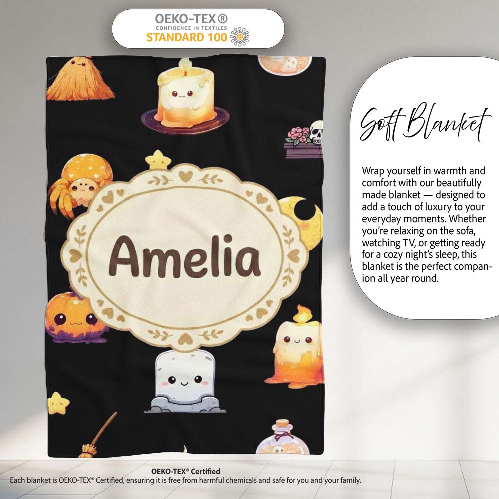 Cute Witch Pumpkin Spider Candle Moon Halloween Pattern Light Grey  Personalised Custom Name Super Soft Fleece Blanket Bed Sofa Throw