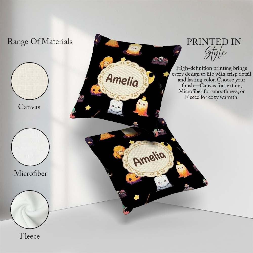 Custom Name Witch Pumpkin Spider Candle Moon Pattern Light Grey Square Filled Cushion Throw Pillow Sofa Bed Home Decor Zip Washable UK Made
