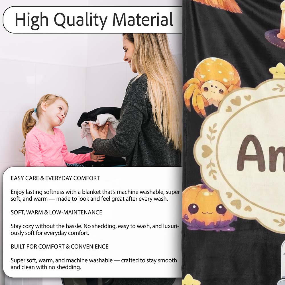 Cute Witch Pumpkin Spider Candle Moon Halloween Pattern Light Grey  Personalised Custom Name Super Soft Fleece Blanket Bed Sofa Throw