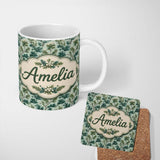 Personalized Custom Name Botanical Pine Branch with White Blossoms and Birds on Soft Green 11oz Ceramic Coffee Tea Mug White Large Handle