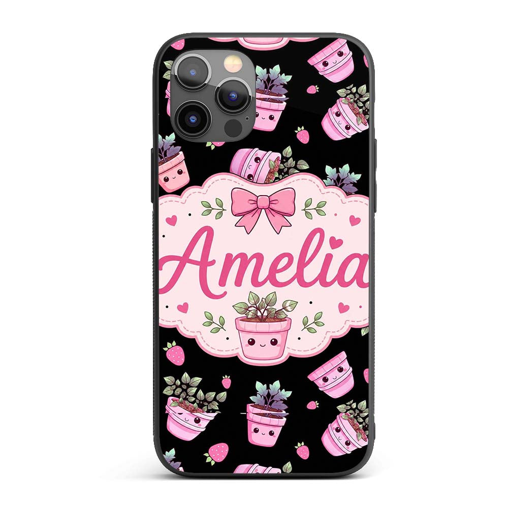 Cute Pink Plant Pots Leaves Strawberry Seamless Custom Name Protective Phone Case Mobile Cover Durable Everyday Smartphone Shock Resistant