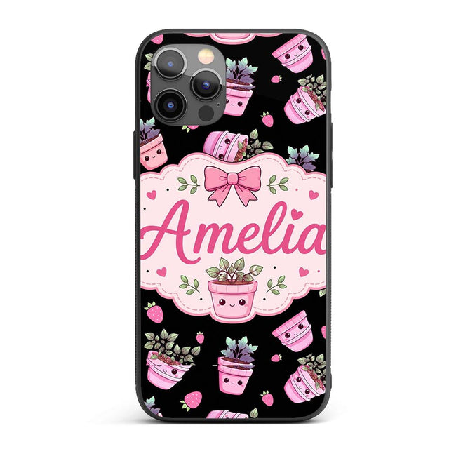 Cute Pink Plant Pots Leaves Strawberry Seamless Custom Name Protective Phone Case Mobile Cover Durable Everyday Smartphone Shock Resistant