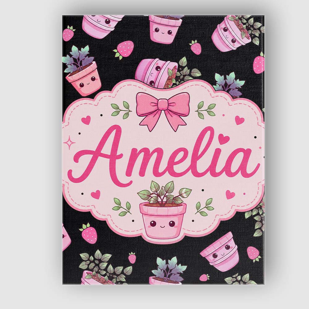 Personalised Name Cute Pink Plant Pots Custom  Modern Room Accent Elegant Feature Canvas Wall Art Print Decor Picture Ready to Hang