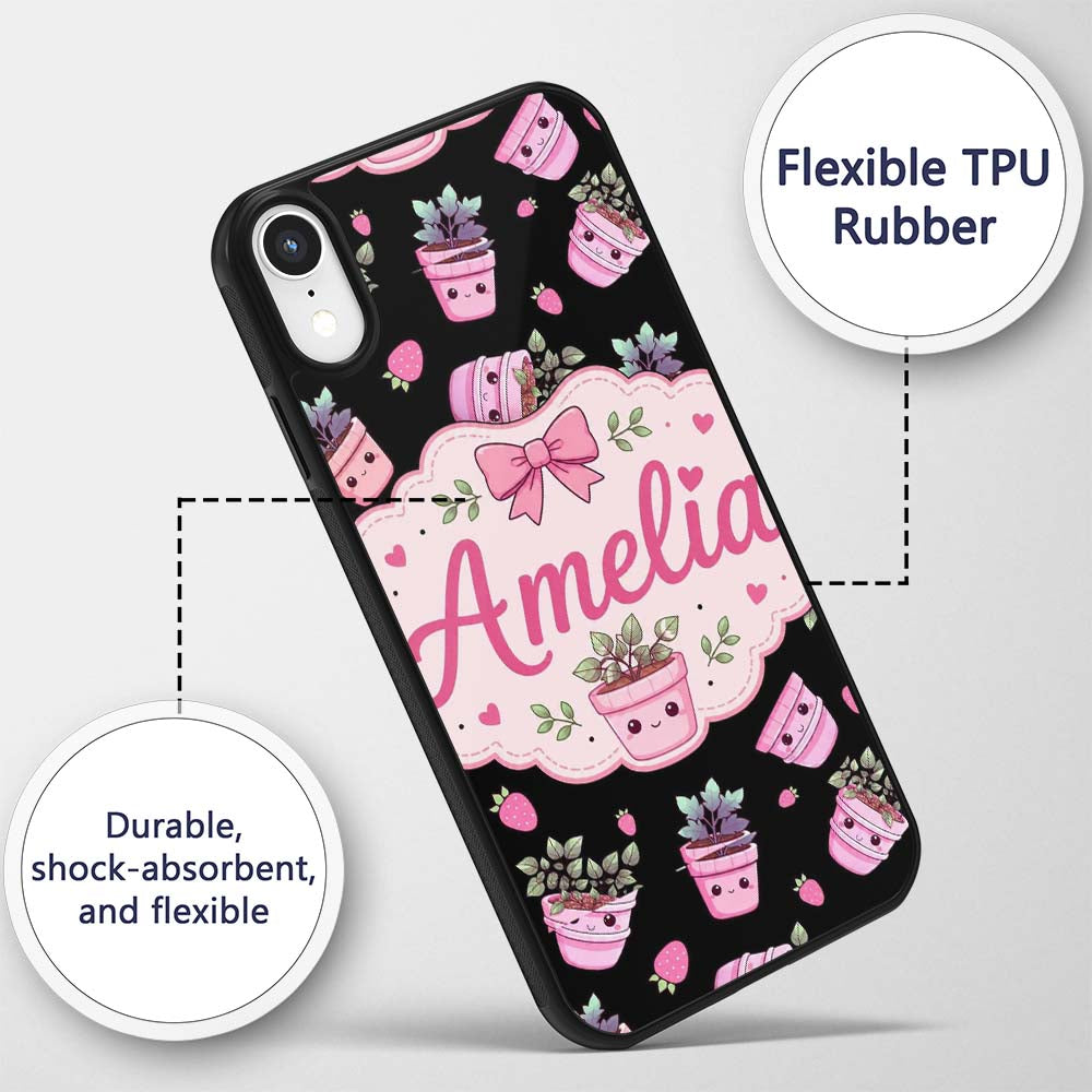 Cute Pink Plant Pots Leaves Strawberry Seamless Custom Name Protective Phone Case Mobile Cover Durable Everyday Smartphone Shock Resistant