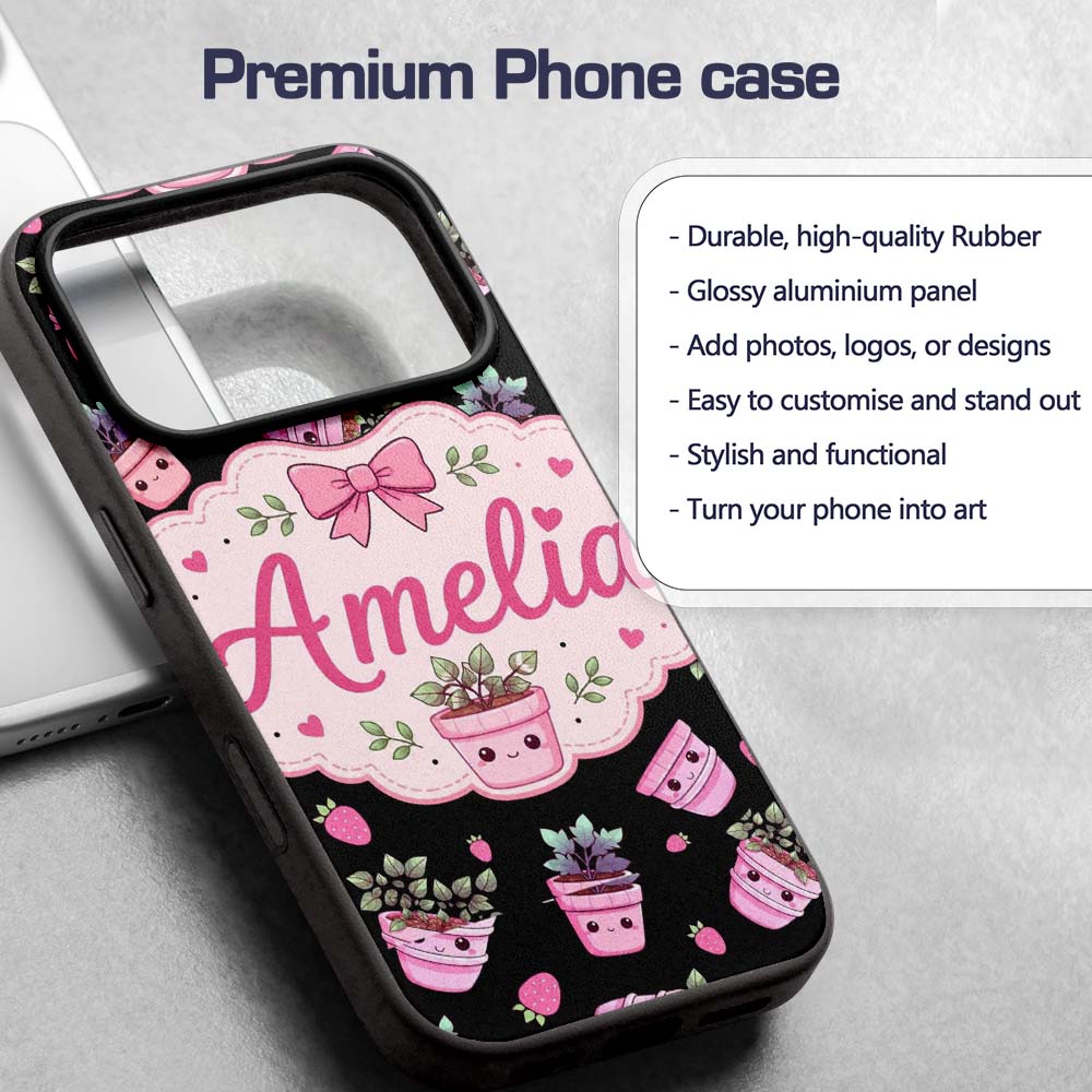 Cute Pink Plant Pots Leaves Strawberry Seamless Custom Name Protective Phone Case Mobile Cover Durable Everyday Smartphone Shock Resistant