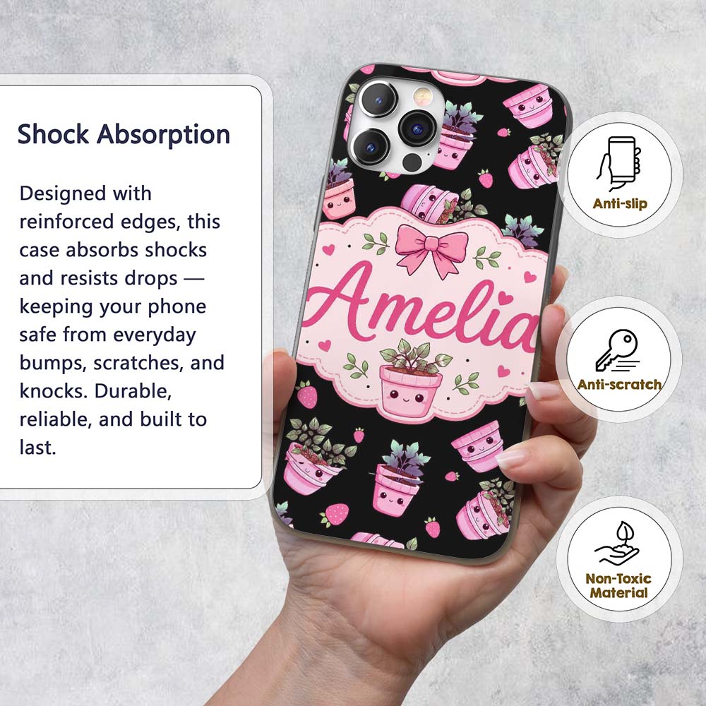 Cute Pink Plant Pots Leaves Strawberry Seamless Custom Name Protective Phone Case Mobile Cover Durable Everyday Smartphone Shock Resistant