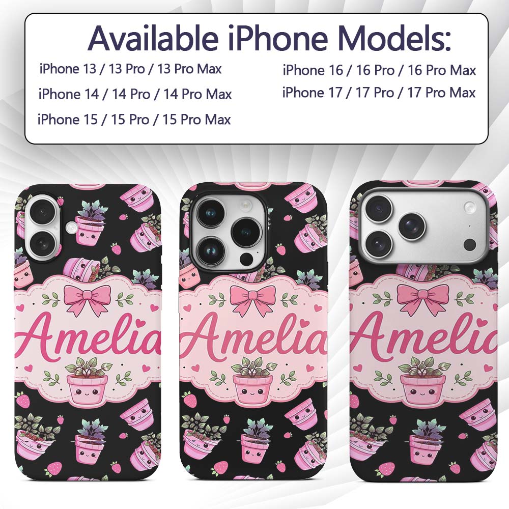 Cute Pink Plant Pots Leaves Strawberry Seamless Custom Name Protective Phone Case Mobile Cover Durable Everyday Smartphone Shock Resistant