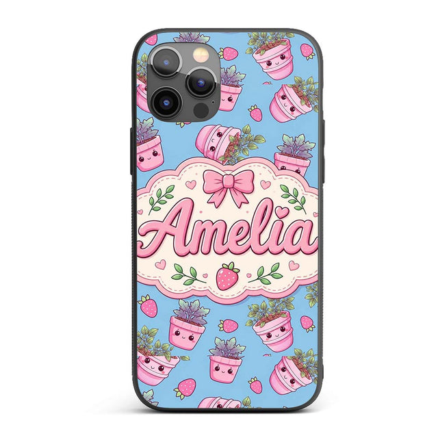 Cute Pink Plant Pots Leaves Strawberry Seamless Custom Name Protective Phone Case Mobile Cover Durable Everyday Smartphone Shock Resistant