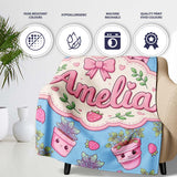 Cute Pink Plant Pots Leaves Strawberry Seamless Pattern Blue Lovely  Personalised Custom Name Super Soft Fleece Blanket Bed Sofa Throw