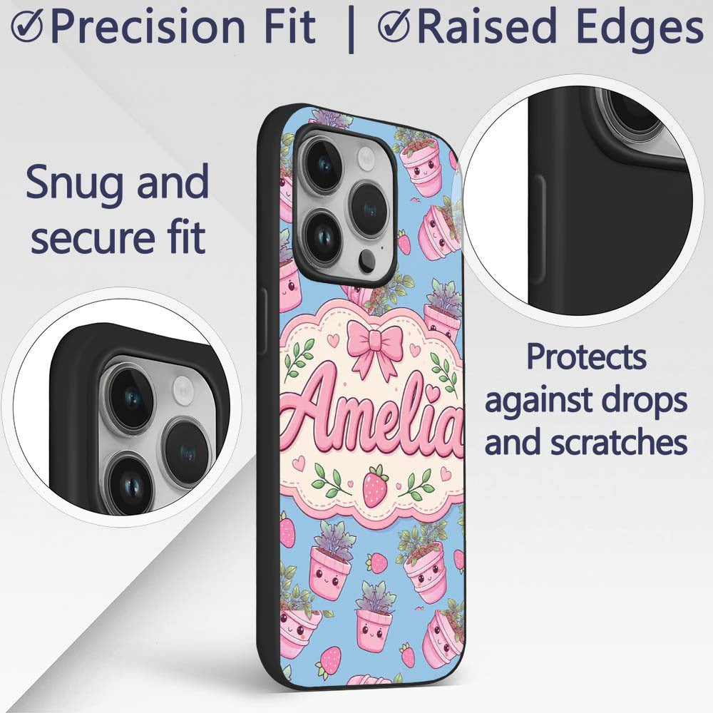 Cute Pink Plant Pots Leaves Strawberry Seamless Custom Name Protective Phone Case Mobile Cover Durable Everyday Smartphone Shock Resistant