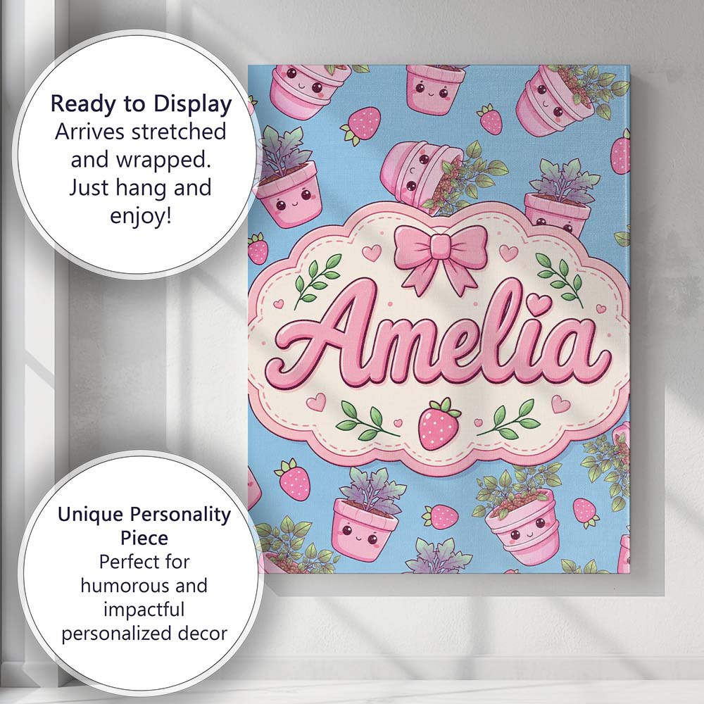 Personalised Name Cute Pink Plant Pots Custom  Modern Room Accent Elegant Feature Canvas Wall Art Print Decor Picture Ready to Hang