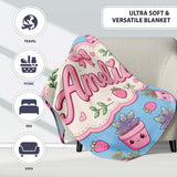 Cute Pink Plant Pots Leaves Strawberry Seamless Pattern Blue Lovely  Personalised Custom Name Super Soft Fleece Blanket Bed Sofa Throw