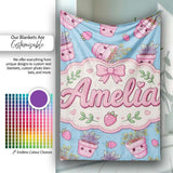 Cute Pink Plant Pots Leaves Strawberry Seamless Pattern Blue Lovely  Personalised Custom Name Super Soft Fleece Blanket Bed Sofa Throw