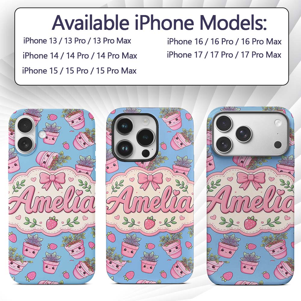 Cute Pink Plant Pots Leaves Strawberry Seamless Custom Name Protective Phone Case Mobile Cover Durable Everyday Smartphone Shock Resistant