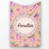 Cute Pink Plant Pots Leaves Strawberry Seamless Pattern Beige Lovely  Personalised Custom Name Super Soft Fleece Blanket Bed Sofa Throw
