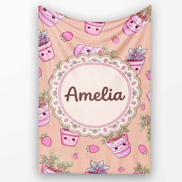 Cute Pink Plant Pots Leaves Strawberry Seamless Pattern Beige Lovely  Personalised Custom Name Super Soft Fleece Blanket Bed Sofa Throw