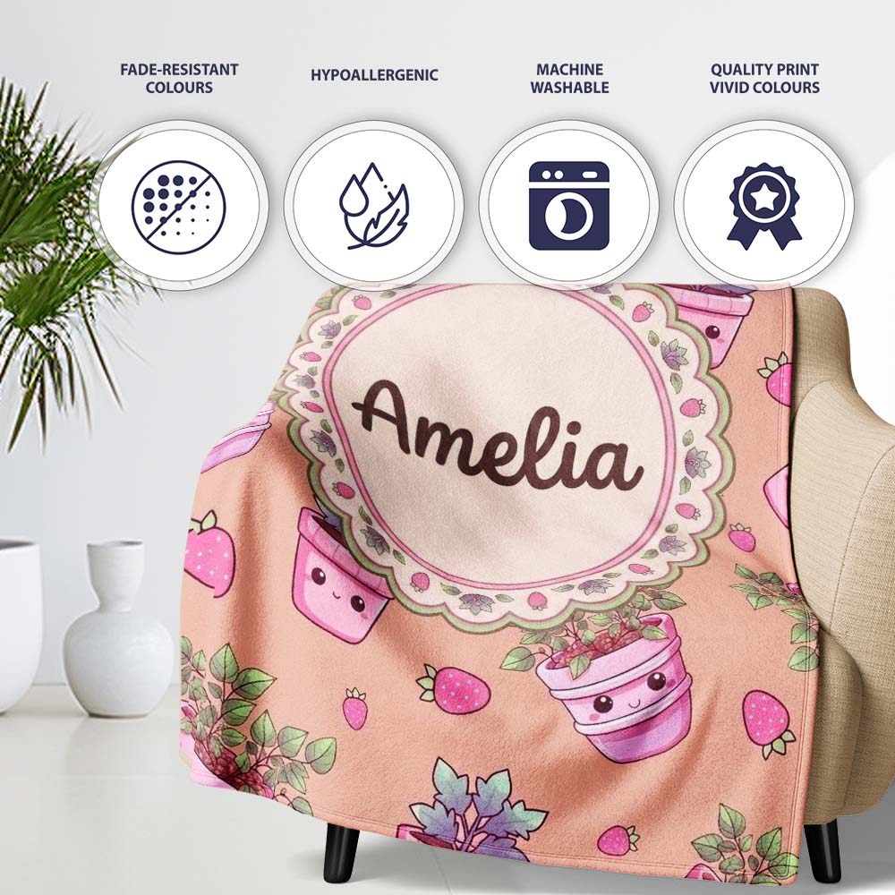 Cute Pink Plant Pots Leaves Strawberry Seamless Pattern Beige Lovely  Personalised Custom Name Super Soft Fleece Blanket Bed Sofa Throw
