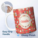 Personalized Custom Name Cute Kawaii Food Characters Seamless Pattern Red Background Fun 11oz Ceramic Coffee Tea Mug White Large Handle