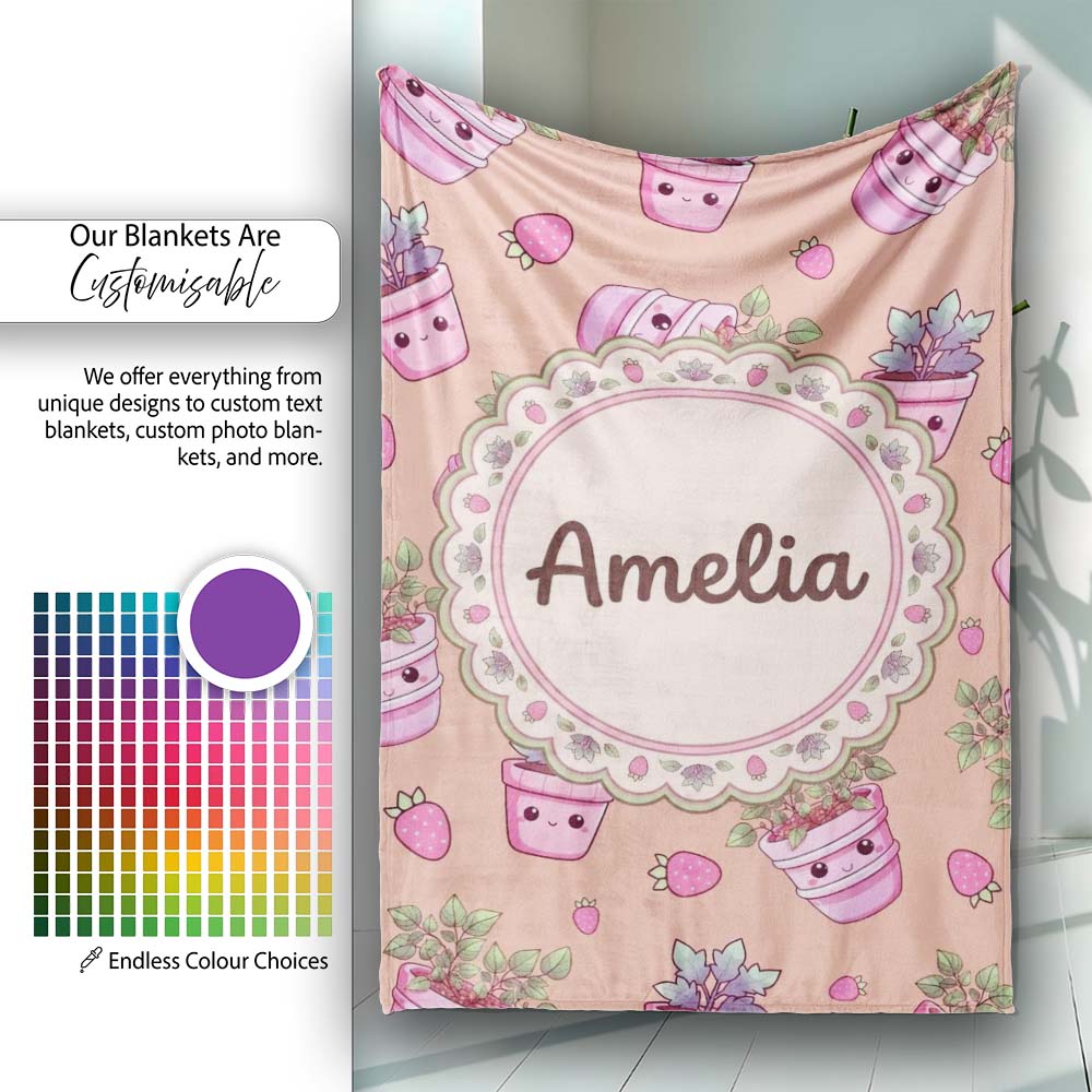 Cute Pink Plant Pots Leaves Strawberry Seamless Pattern Beige Lovely  Personalised Custom Name Super Soft Fleece Blanket Bed Sofa Throw