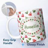 Personalized Custom Name Cute Red and Green Christmas Bells Watercolor Pattern Festive Lovely 11oz Ceramic Coffee Tea Mug White Large Handle
