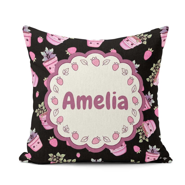 Custom Name Cute Pink Plant Pots Leaves Strawberry Seamless Dark Square Filled Cushion Throw Pillow Sofa Bed Home Decor Zip Washable UK Made