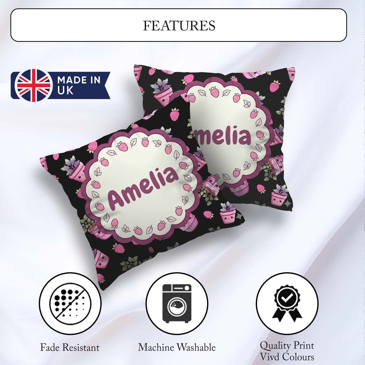 Custom Name Cute Pink Plant Pots Leaves Strawberry Seamless Dark Square Filled Cushion Throw Pillow Sofa Bed Home Decor Zip Washable UK Made