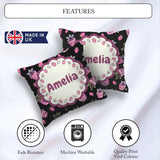 Custom Name Cute Pink Plant Pots Leaves Strawberry Seamless Dark Square Filled Cushion Throw Pillow Sofa Bed Home Decor Zip Washable UK Made