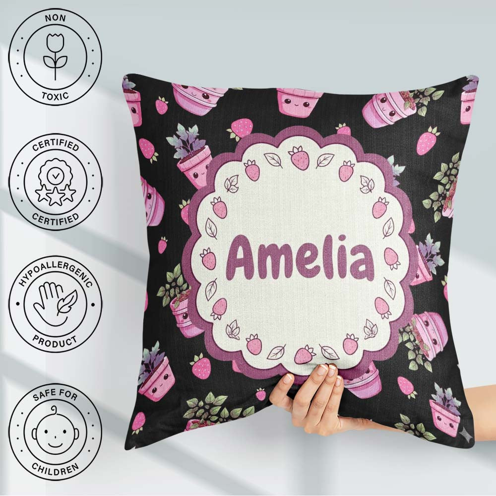 Custom Name Cute Pink Plant Pots Leaves Strawberry Seamless Dark Square Filled Cushion Throw Pillow Sofa Bed Home Decor Zip Washable UK Made