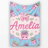 Cute Pink Plant Pots Leaves Strawberry Seamless Pattern Sky Blue  Personalised Custom Name Super Soft Fleece Blanket Bed Sofa Throw