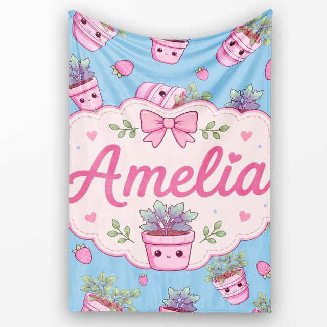 Cute Pink Plant Pots Leaves Strawberry Seamless Pattern Sky Blue  Personalised Custom Name Super Soft Fleece Blanket Bed Sofa Throw