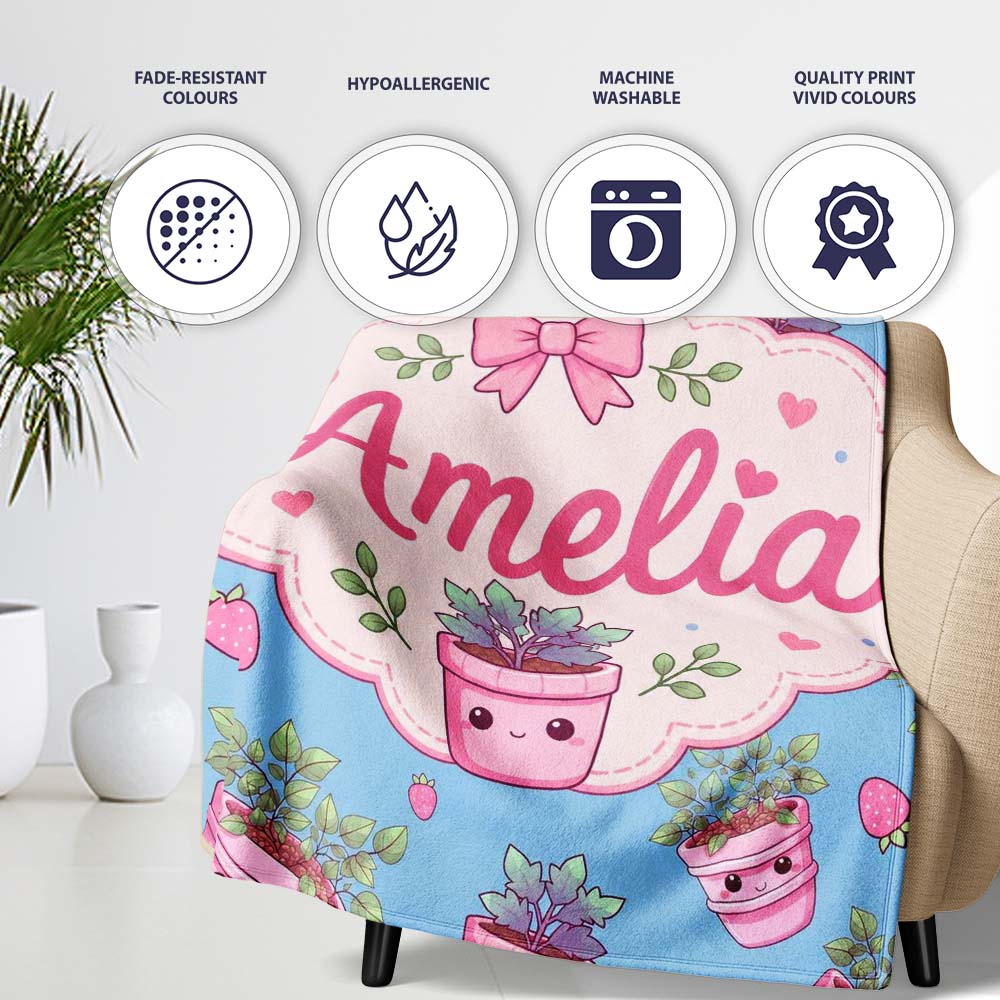 Cute Pink Plant Pots Leaves Strawberry Seamless Pattern Sky Blue  Personalised Custom Name Super Soft Fleece Blanket Bed Sofa Throw