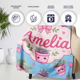 Cute Pink Plant Pots Leaves Strawberry Seamless Pattern Sky Blue  Personalised Custom Name Super Soft Fleece Blanket Bed Sofa Throw