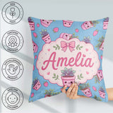 Custom Name Pink Plant Pots Strawberry Seamless Pattern Sky Blue Square Filled Cushion Throw Pillow Sofa Bed Home Decor Zip Washable UK Made