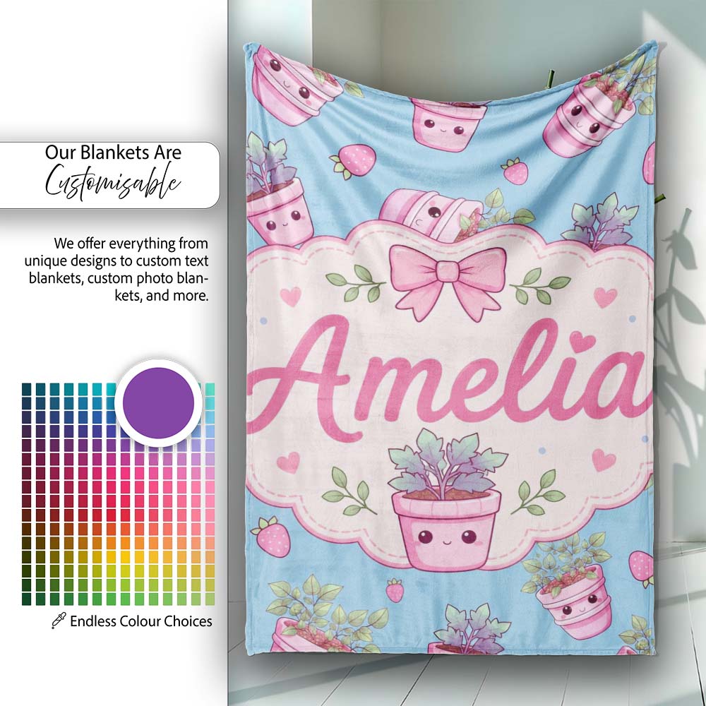 Cute Pink Plant Pots Leaves Strawberry Seamless Pattern Sky Blue  Personalised Custom Name Super Soft Fleece Blanket Bed Sofa Throw