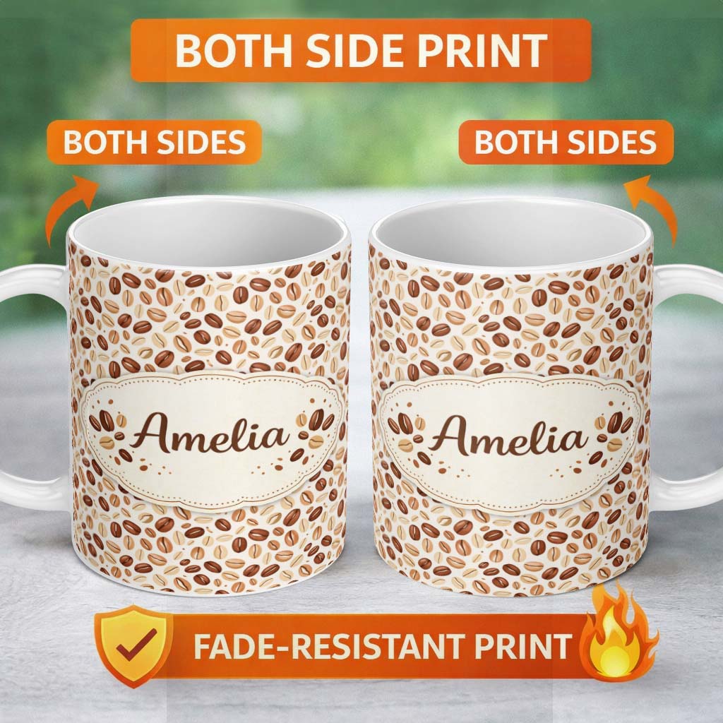 Personalized Custom Name Coffee Beans Light Background Seamless Pattern Beautiful Coffee Cup 11oz Ceramic Coffee Tea Mug White Large Handle