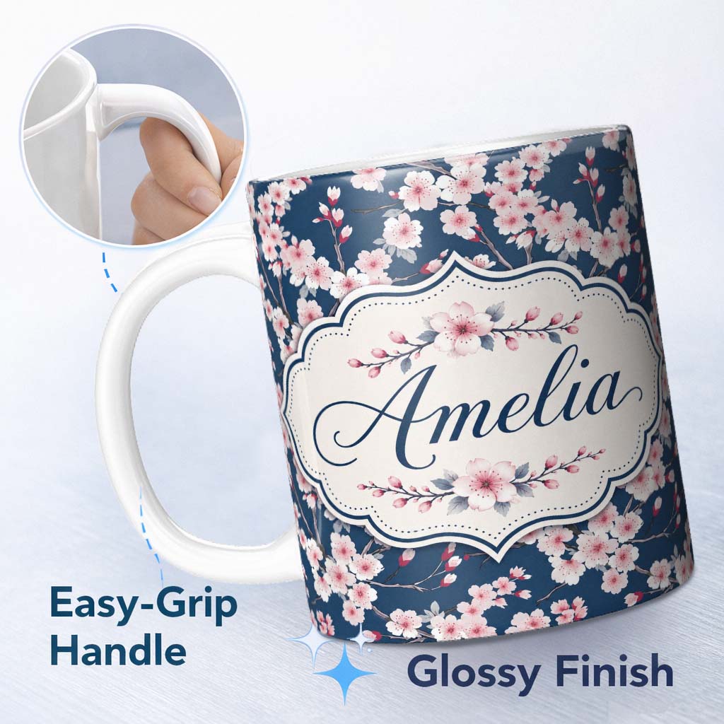 Personalized Custom Name Soft Sakura Flower Branches Blue Background Seamless Pattern Lovely 11oz Ceramic Coffee Tea Mug White Large Handle