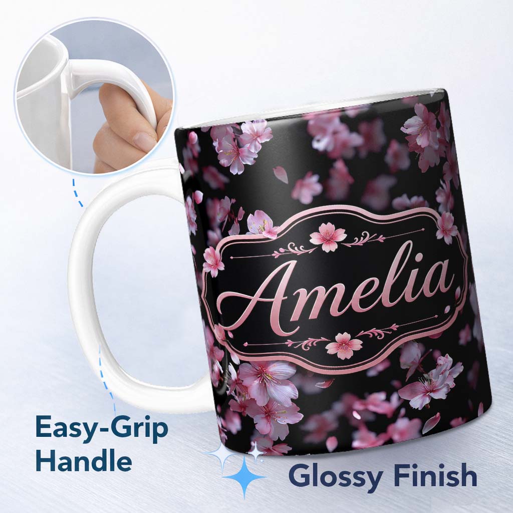 Personalized Custom Name Soft Pink Cherry Blossom Flowers on Dark Background Elegant Floral 11oz Ceramic Coffee Tea Mug White Large Handle